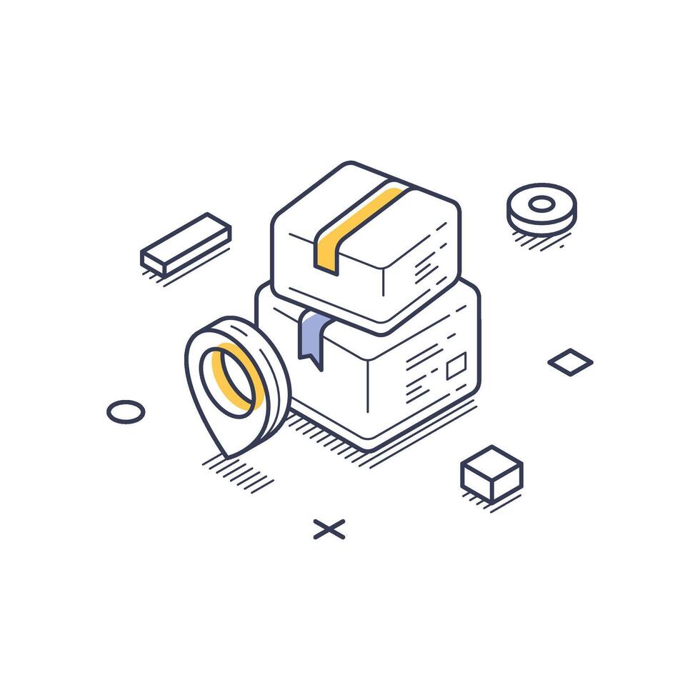 Modern isometric line art icon representing a delivery service with packages and location markers vector