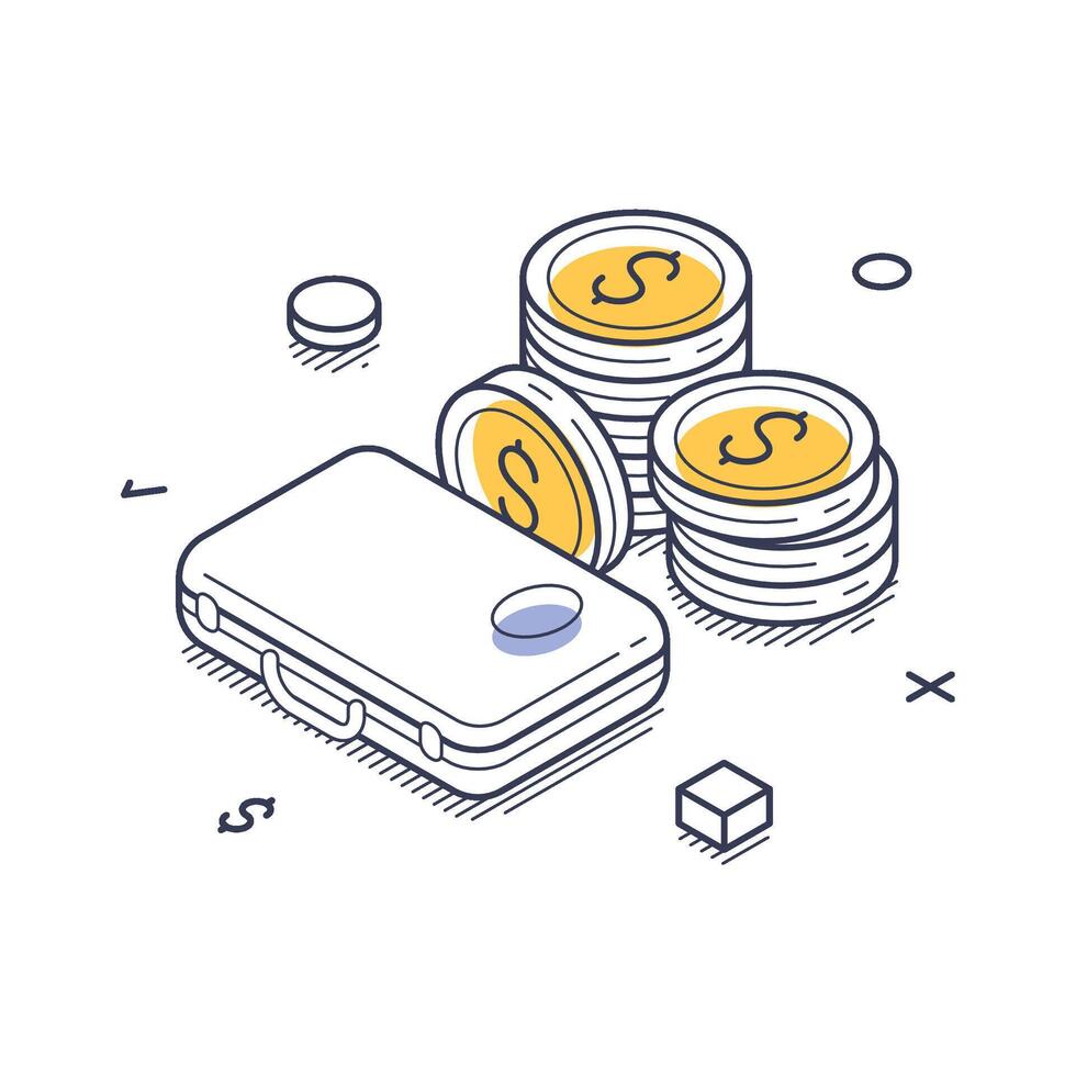 Concept of business solutions depicted through isometric line art featuring coins and a wallet vector