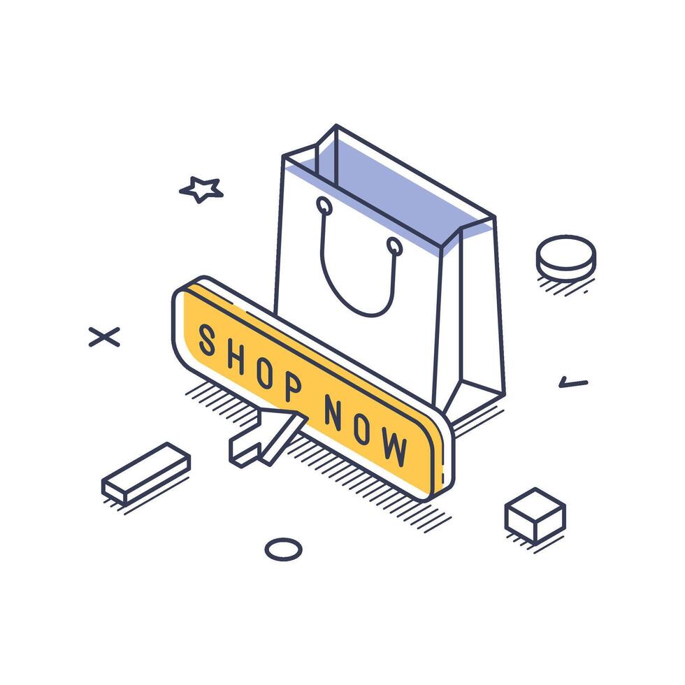 Online shopping isometric line art icon with a shopping bag and call to action button vector