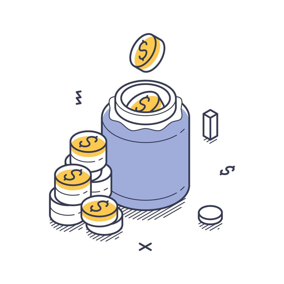 Business investment concept with isometric line art of a savings jar and coins vector