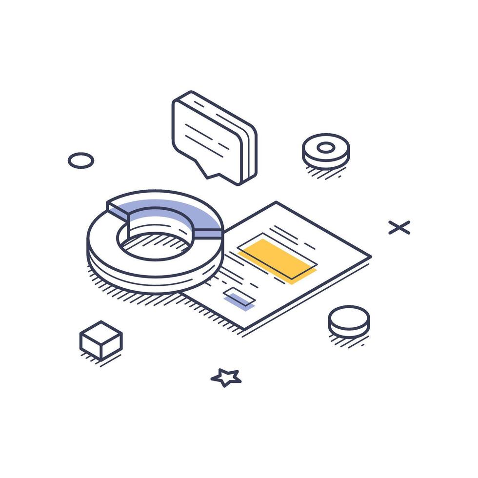 Data analysis isometric line art icon showing various elements in a clear design vector
