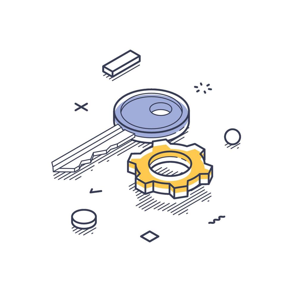 Isometric line art icon representing internet security with key and gear elements vector