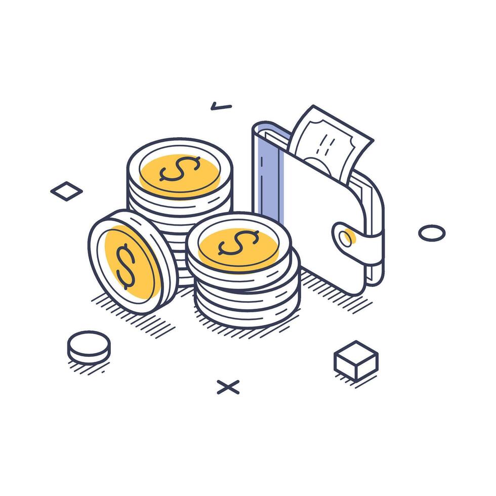 Isometric line art icon illustrating finance and banking concepts with coins and wallet design vector