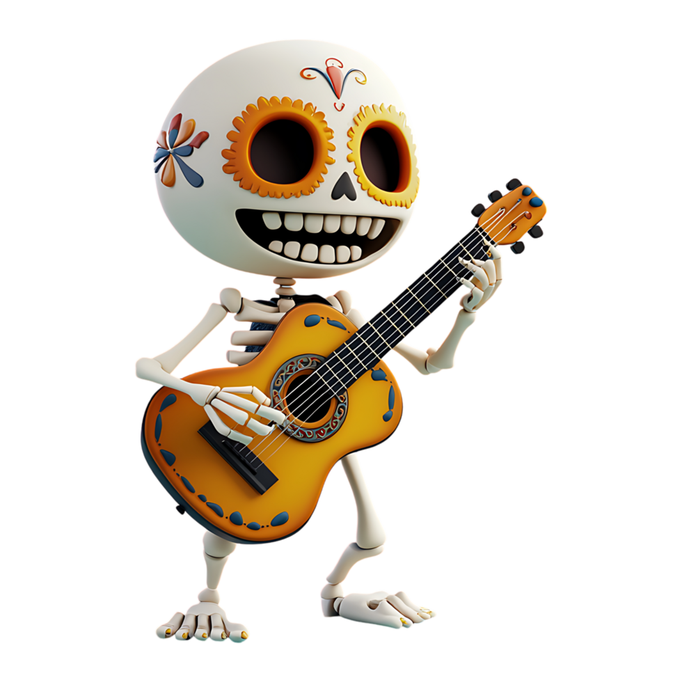 Cartoon skeleton playing guitar on transparent background png