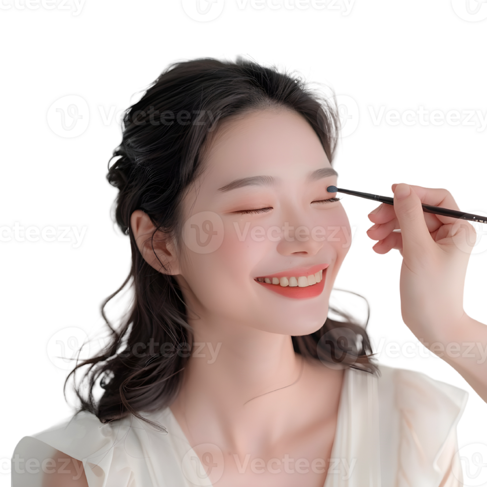 A woman is smiling while applying makeup png