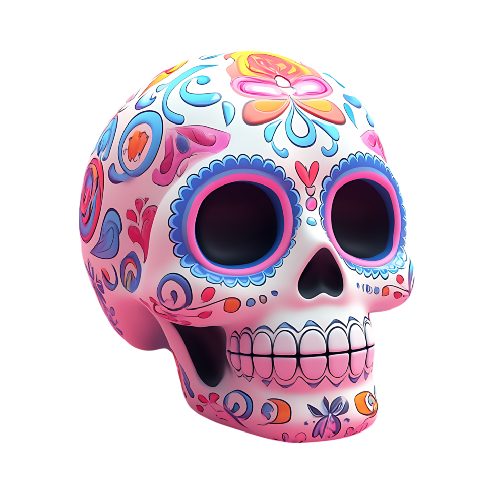 Sugar skull with colorful designs on it png