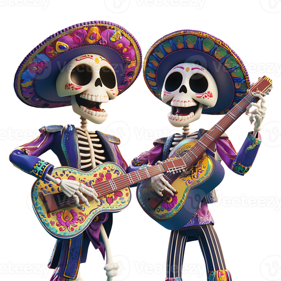 Two skeletons in mexican costumes playing guitar png