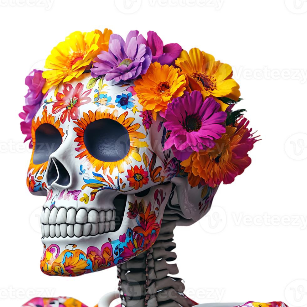 Skeleton with flowers on its head png