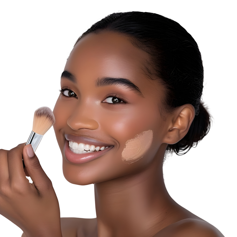 Black woman applying makeup foundation on face png