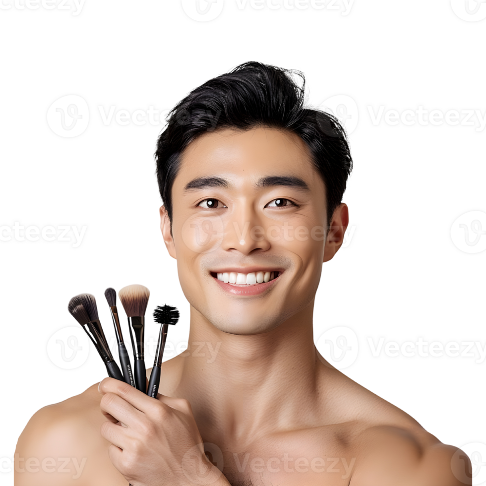 Man holding a set of makeup brushes png