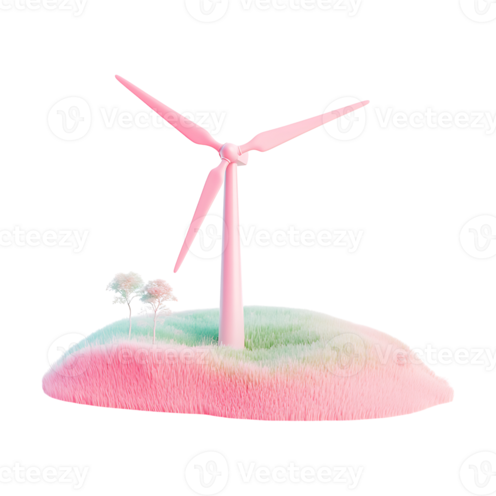 A pink wind turbine on a green island png