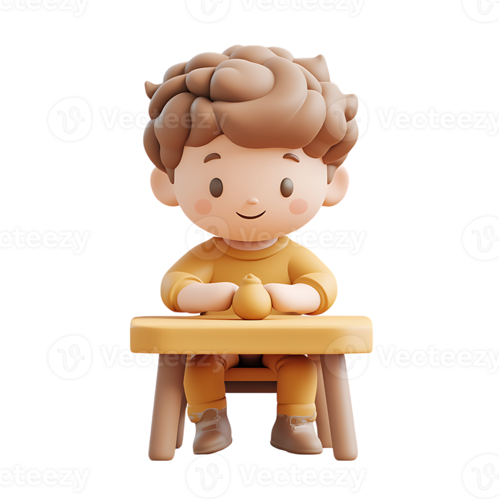 A cartoon boy sitting at a table with a piece of fruit png