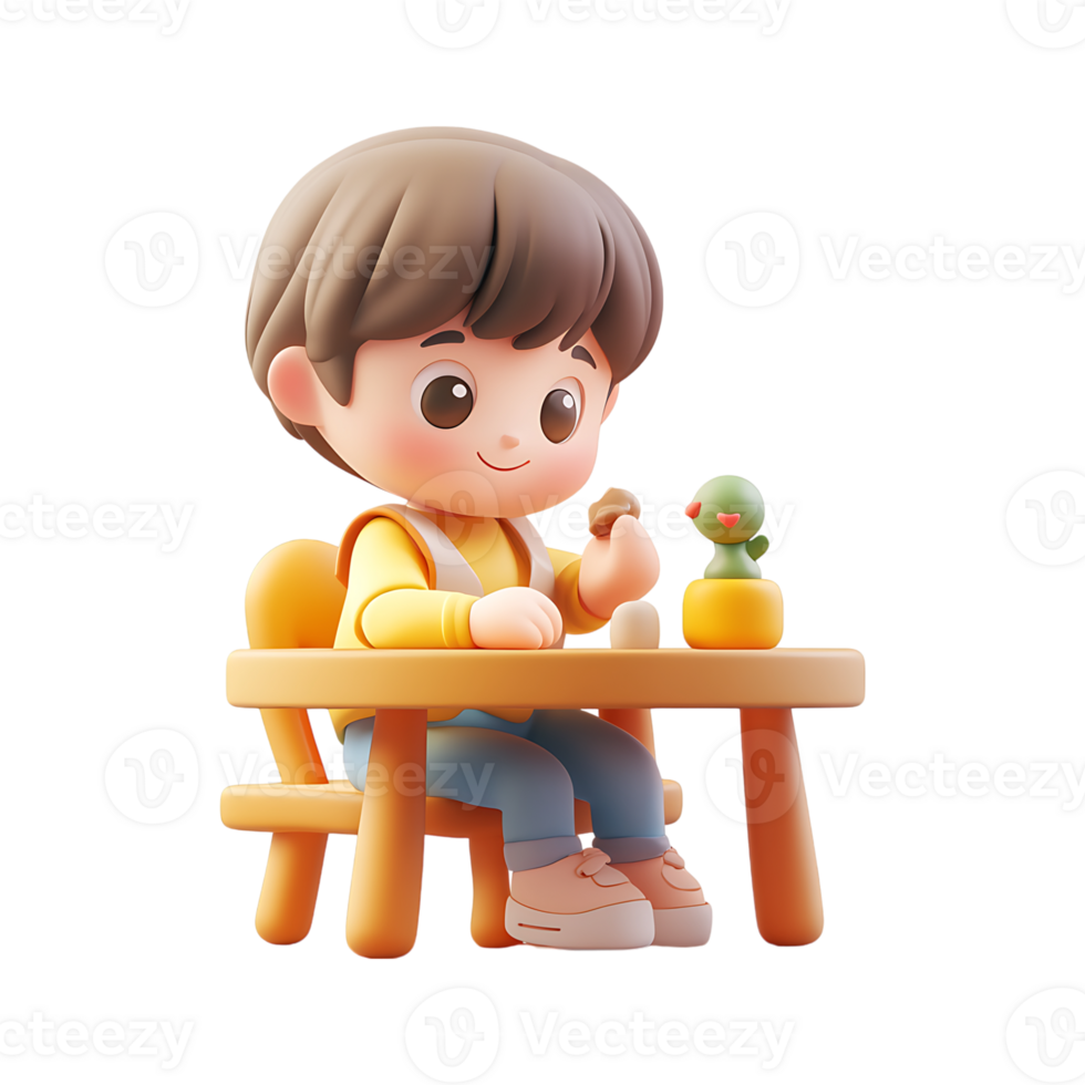A cartoon boy sitting at a table with a bird on it png