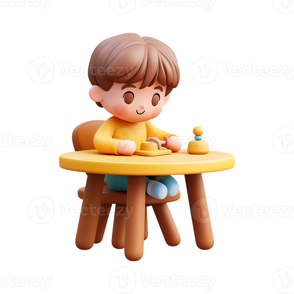 A cartoon boy sitting at a table with a toy png