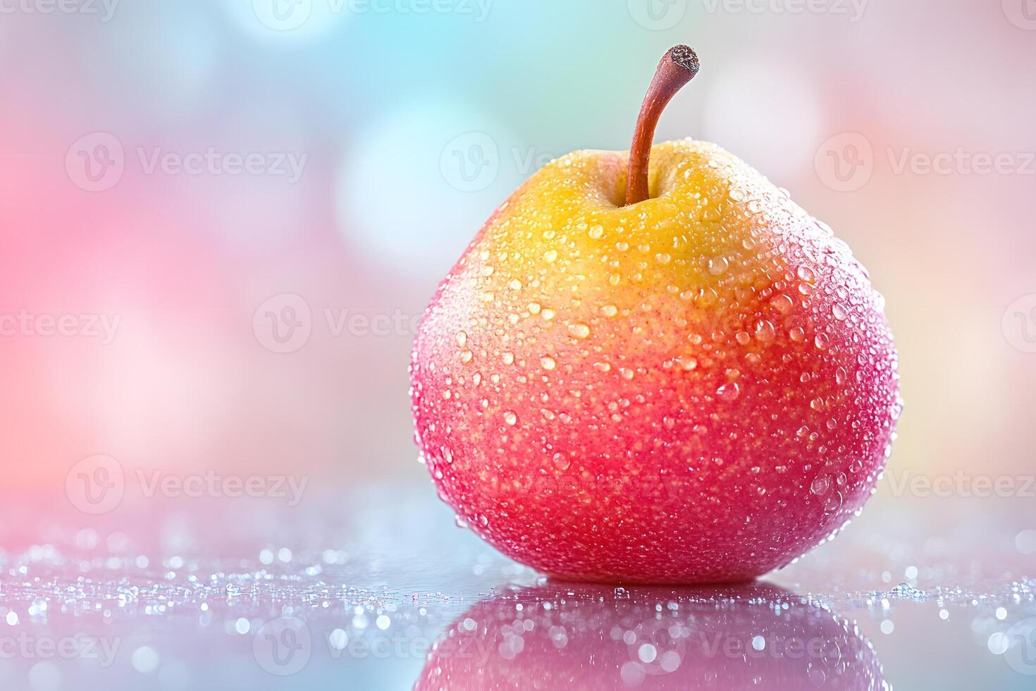 Fresh Pear with Dew Drops over Vibrant Bokeh Background for Healthy Lifestyle Design photo
