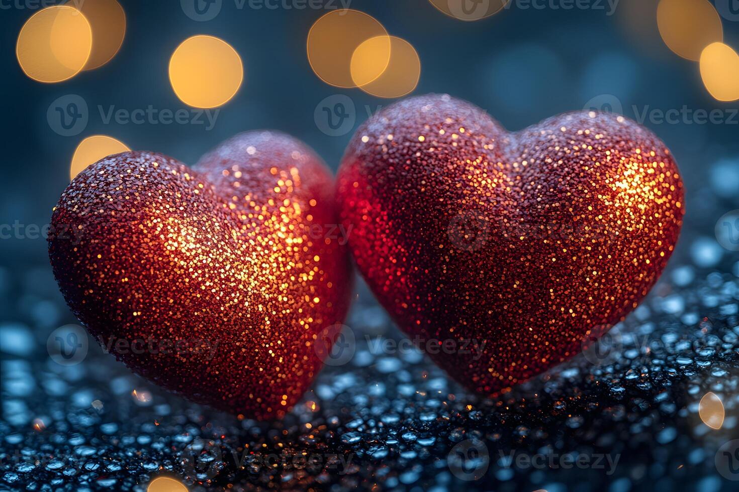 Glittering Heart Ornaments Against Warm Bokeh for Romantic Valentine's Design photo