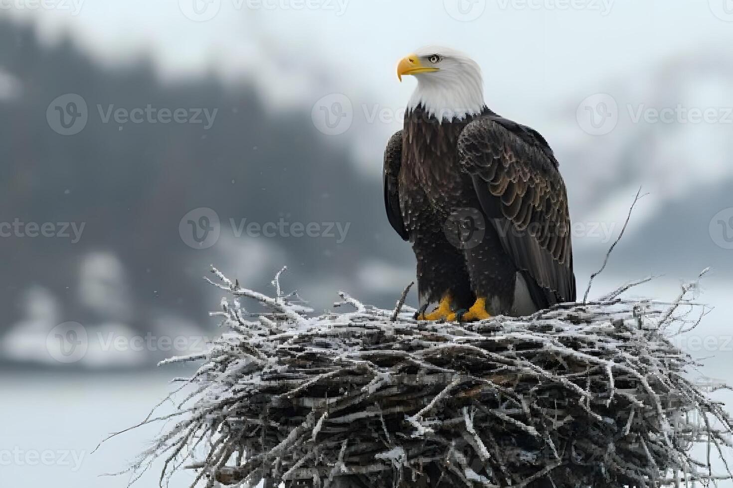Majestic Bald Eagle on Snow-Dusted Nest in Winter Wilderness photo