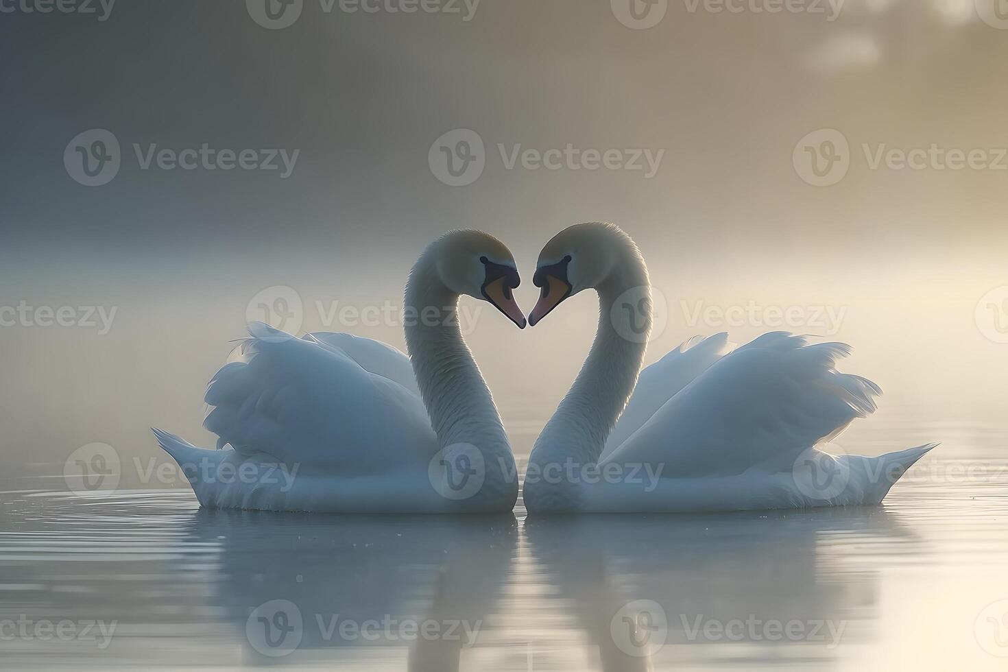 Romantic Swan Pairing at Dawn in Serene Misty Lake photo