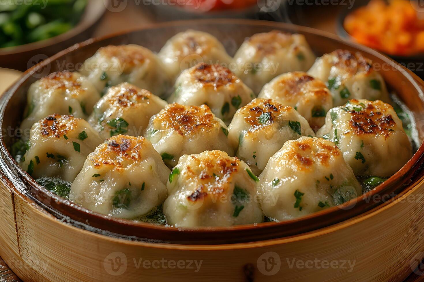 Steaming Asian Dumplings in Bamboo Basket for Culinary Display and Food Styling photo