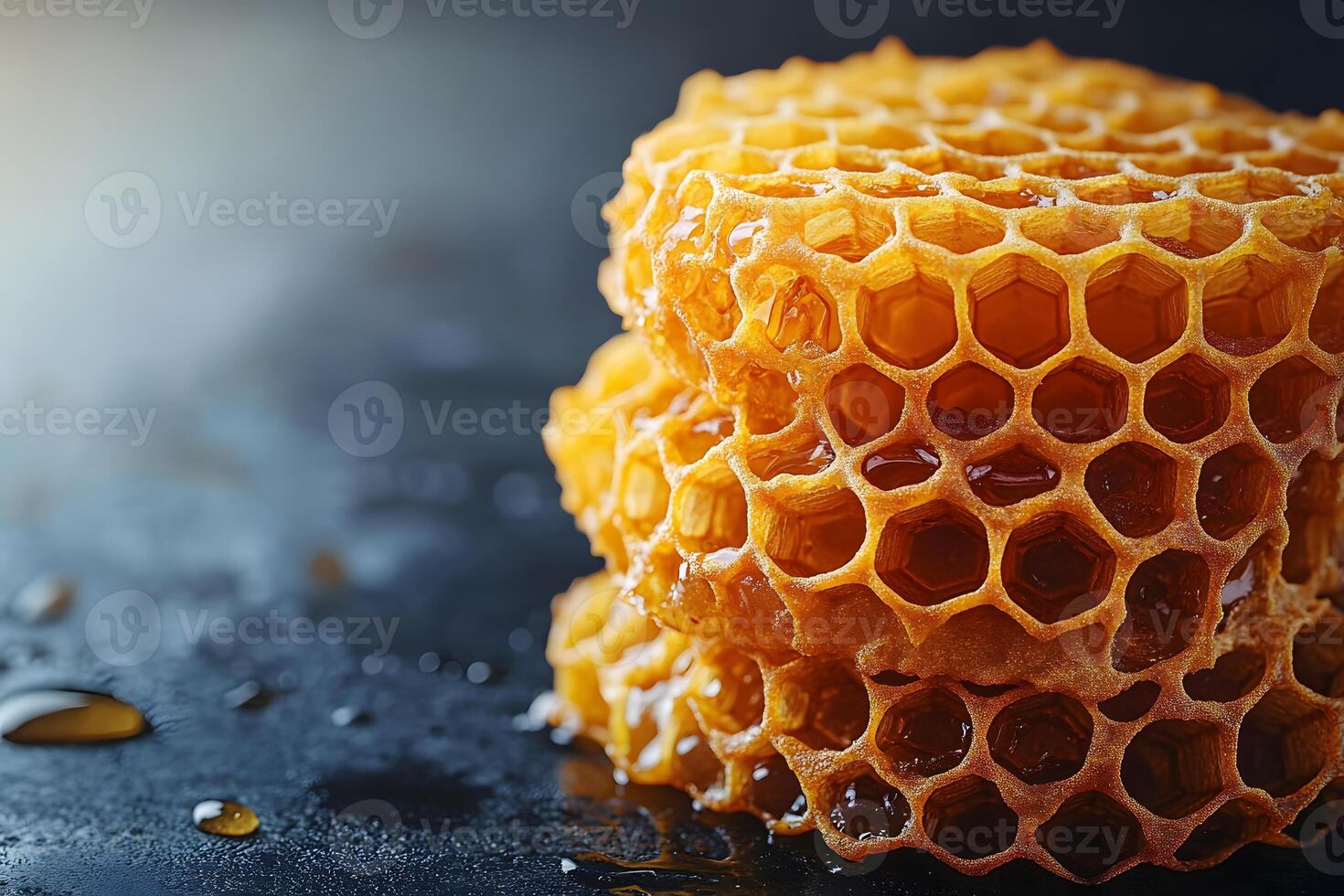 Golden Honeycomb Stack on Black Background for Natural Sweetness Promotion photo