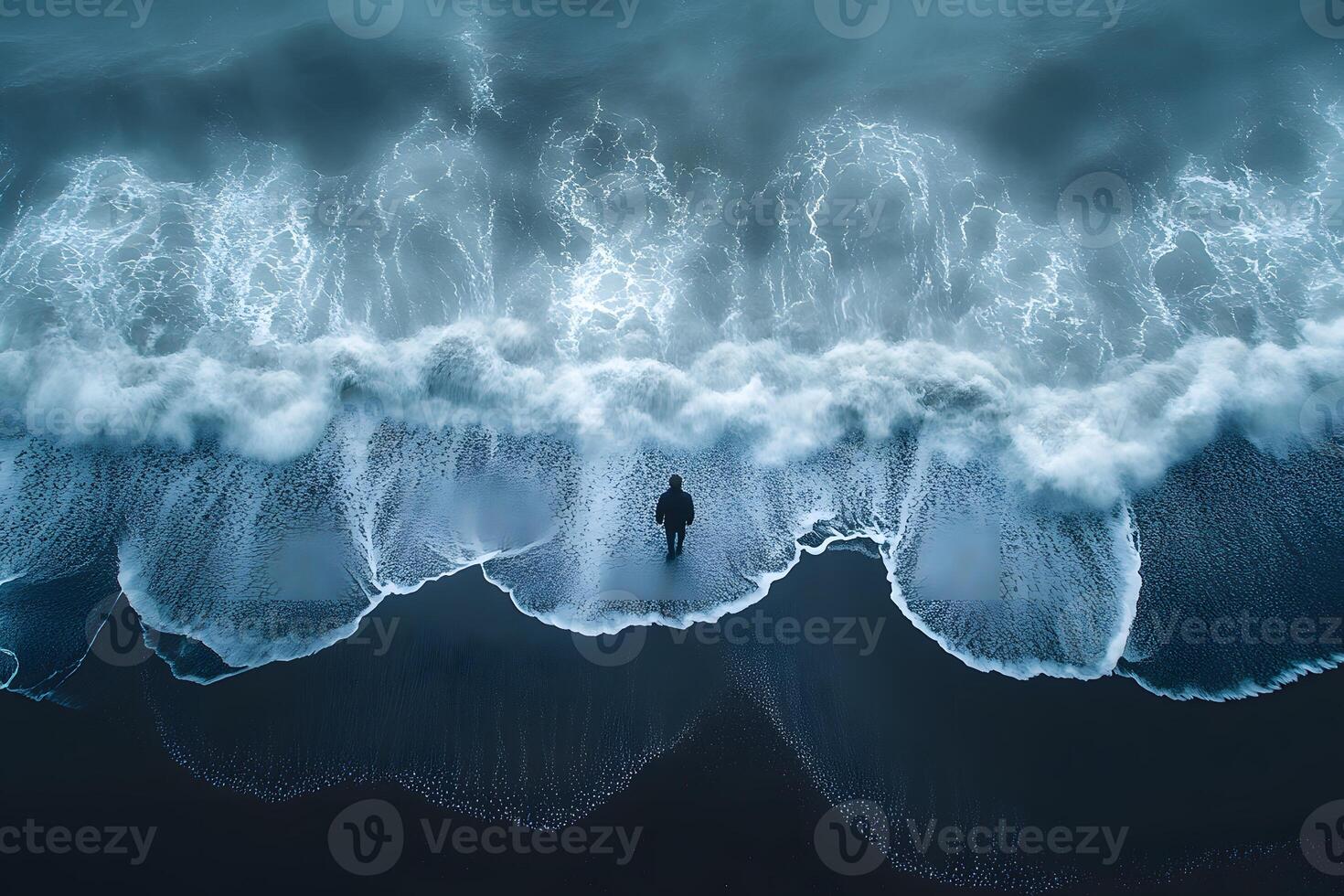 Solitary Figure at Ocean's Edge Serene Contemplation by Crashing Waves photo