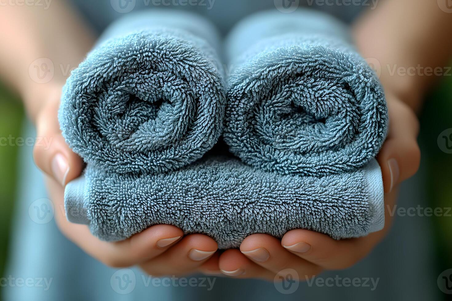 Spa and Relaxation Concept with Rolled Blue Towels Held by Hands for Wellness Design photo