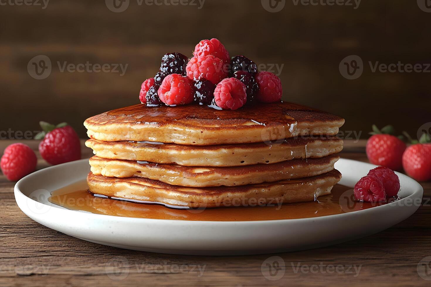 Delicious Stack of Pancakes with Fresh Berries and Maple Syrup for Breakfast Design photo