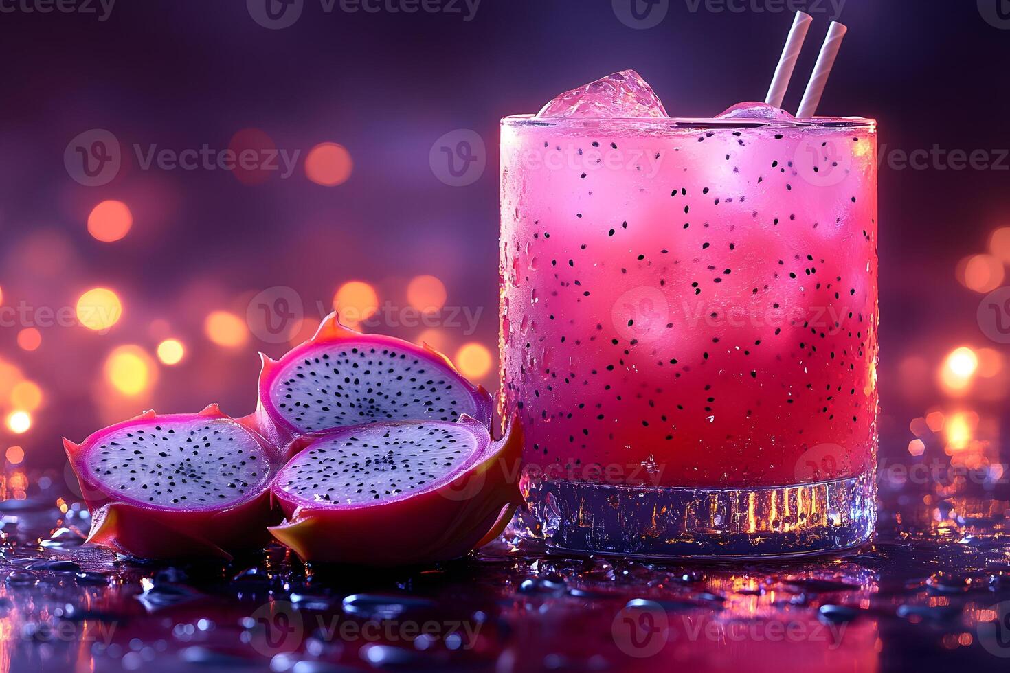 Exotic Dragon Fruit Cocktail with Ice on a Vibrant Bokeh Background for Beverage Design photo