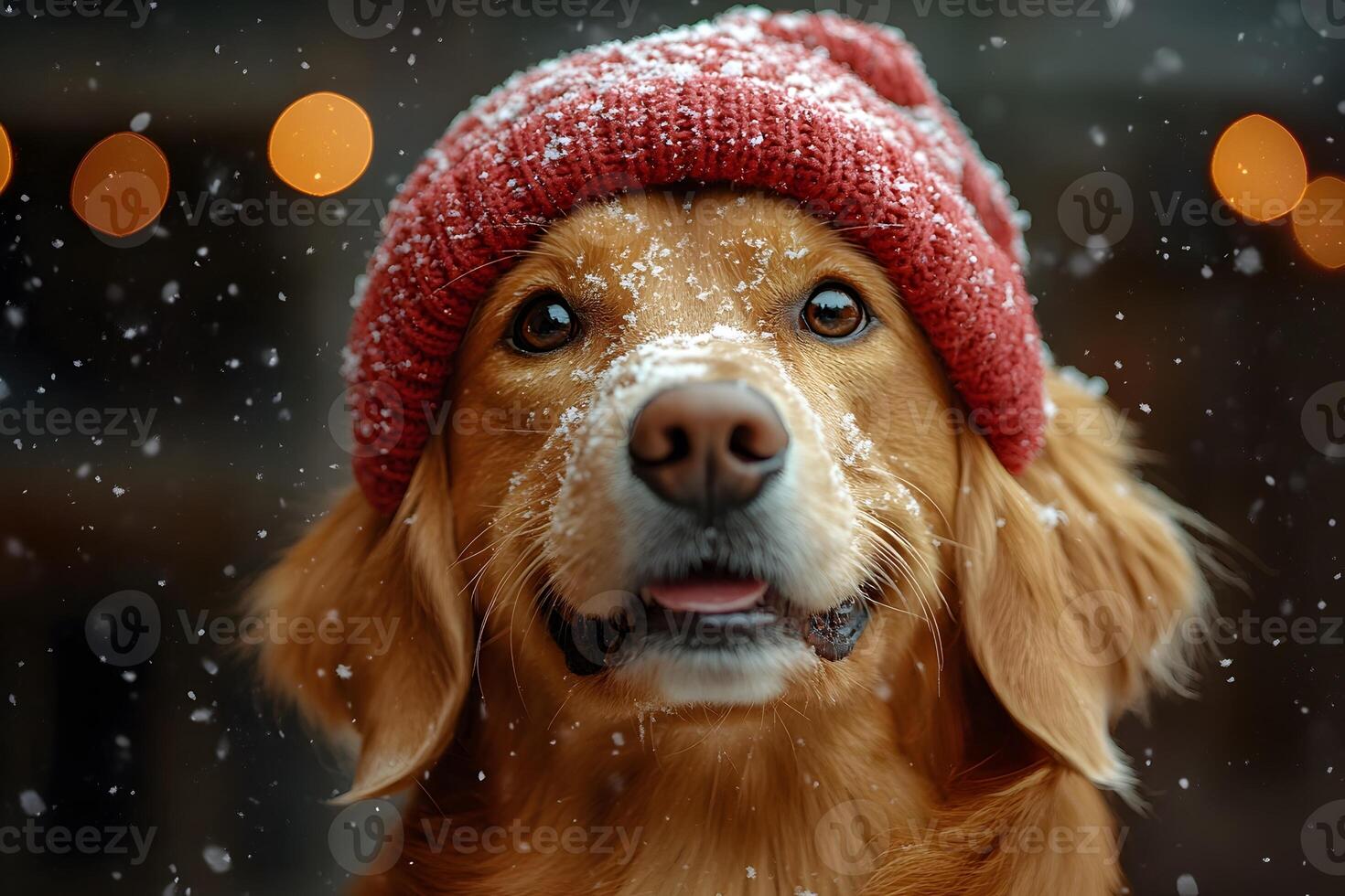 Adorable Dog in Winter Snow with Red Beanie for Holiday Cheer photo