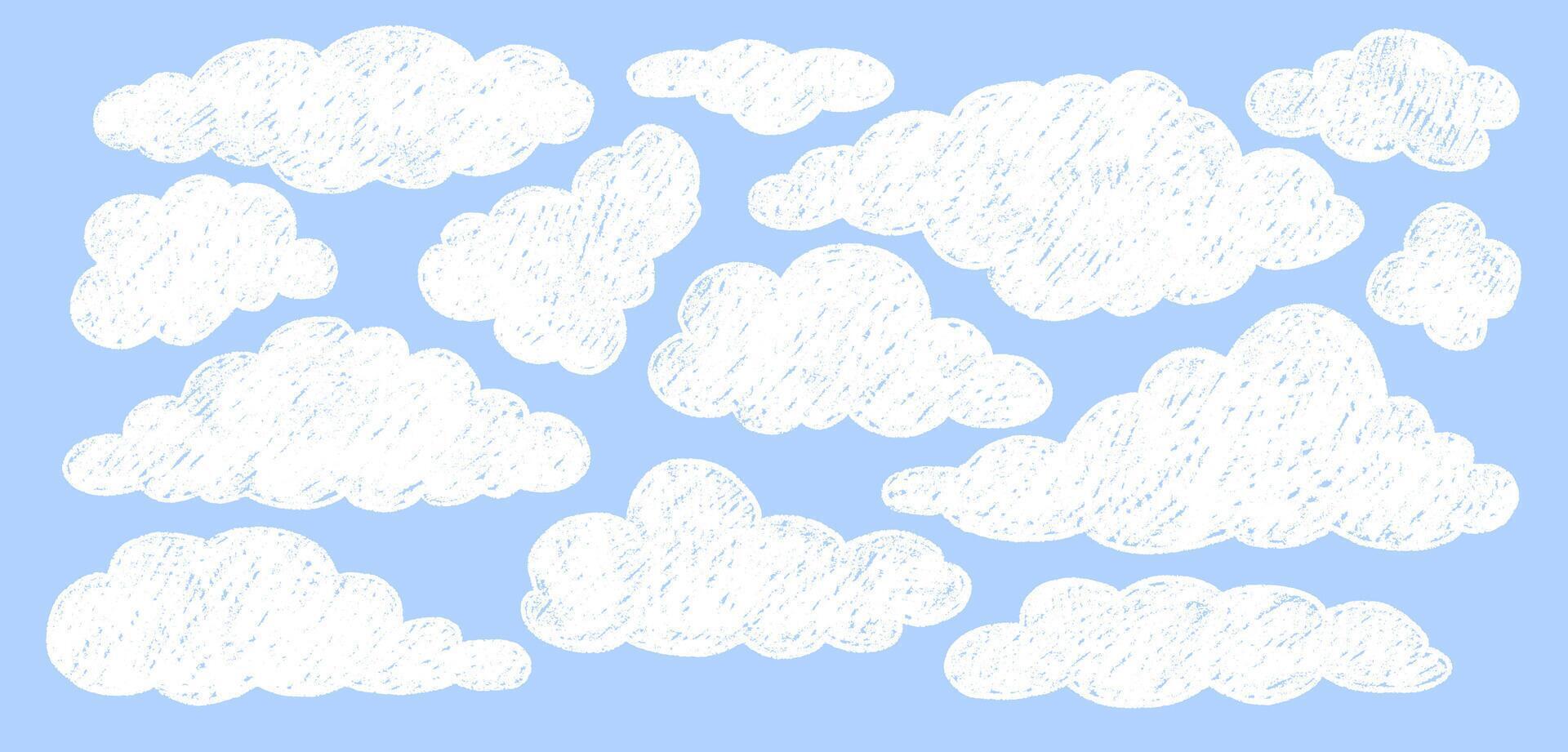 Crayon White Clouds Set. Hand Drawn Chalk Pastel Kid Illustrations vector