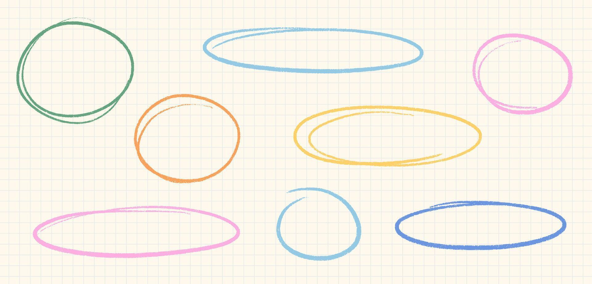 Hand Drawn Crayon Oval Round Shape Set. Line Stroke Chalk Emphasis Circular Frames vector