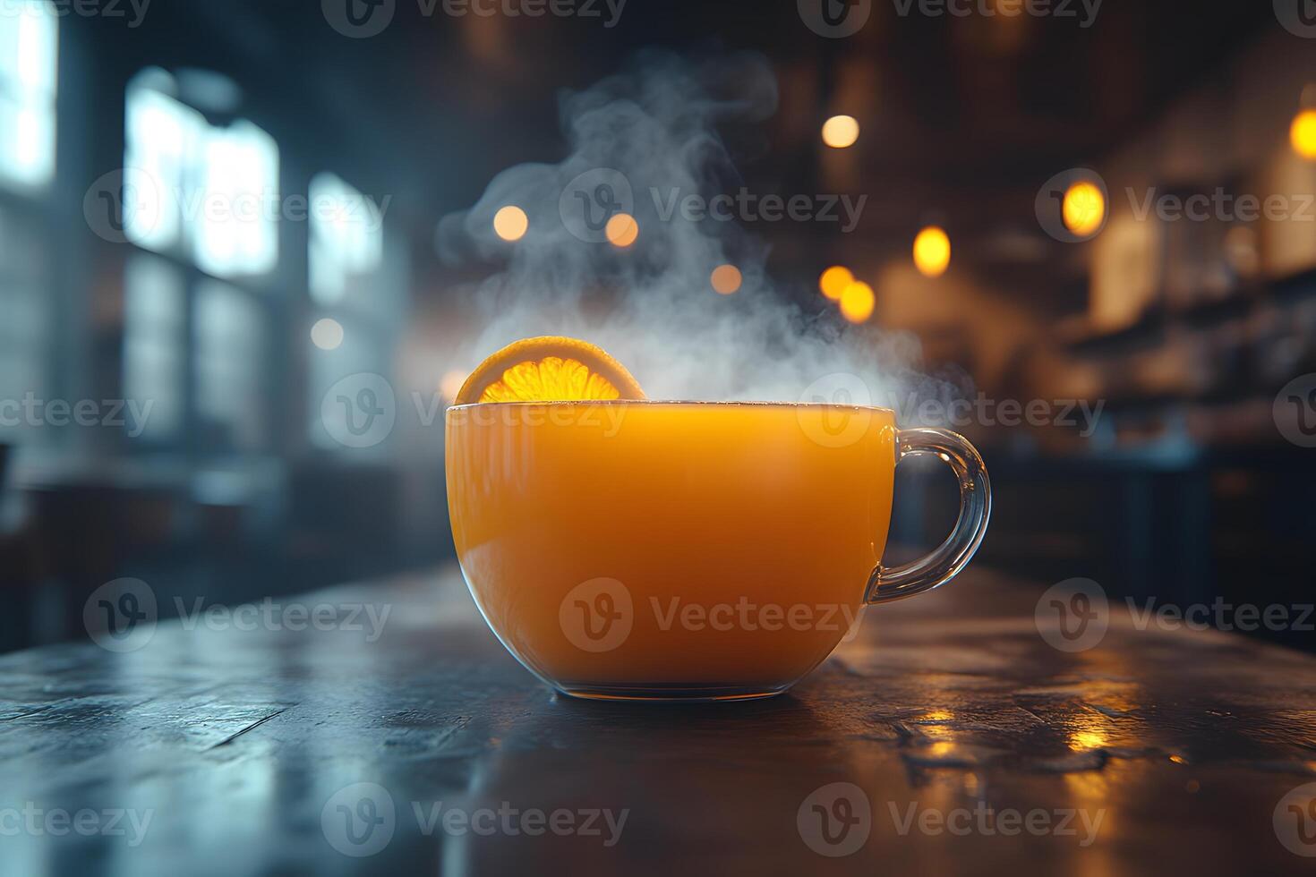 Warm Citrus Tea in Cozy Cafe Setting with Ambient Lighting photo