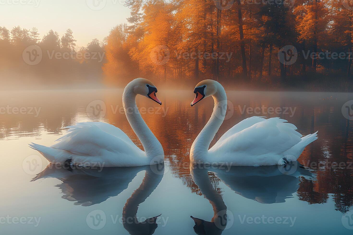 Autumn Sunrise Serenity Pair of Swans on Misty Lake photo