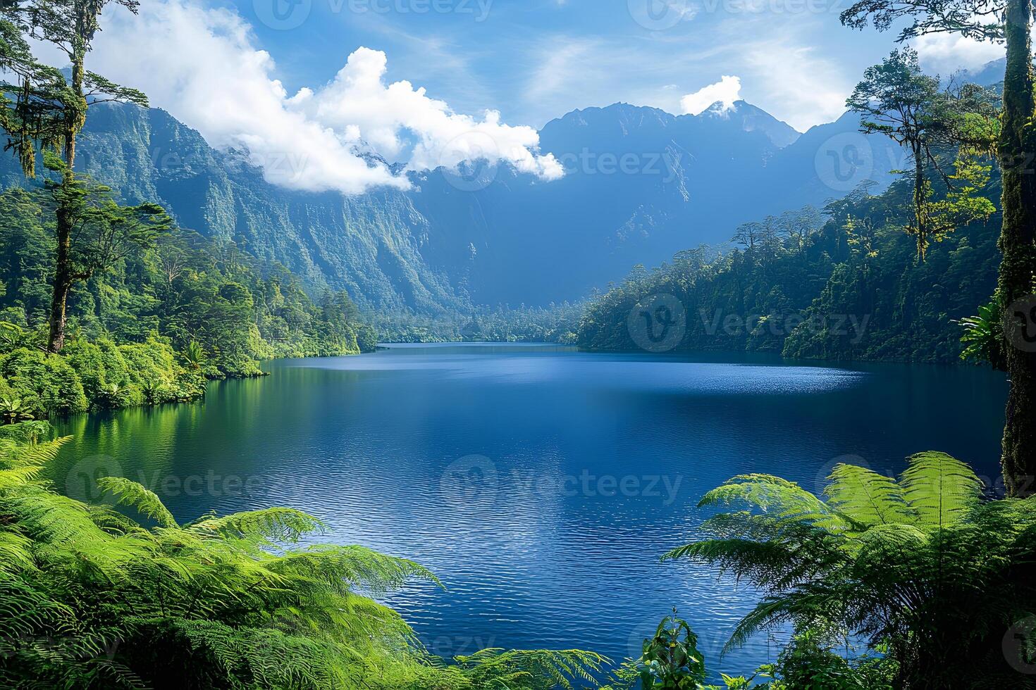 Serene Forest Lake Reflection with Lush Greenery and Majestic Mountains for Nature Designs photo