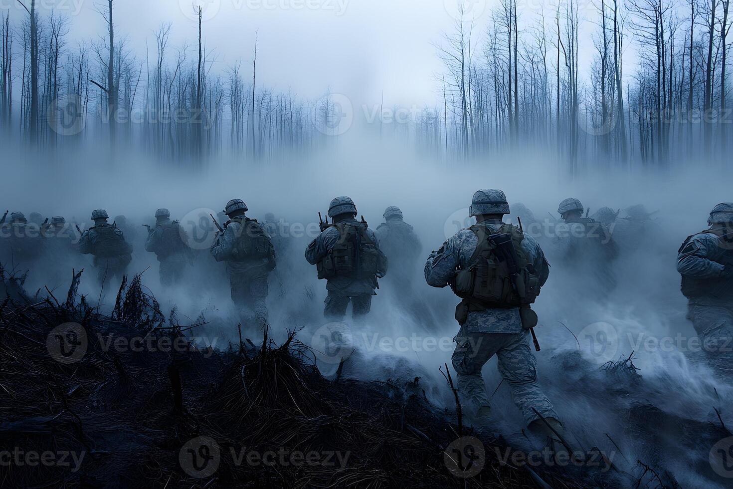 Misty Forest Patrol Military Soldiers in Winter Combat Gear Navigating Foggy Terrain photo