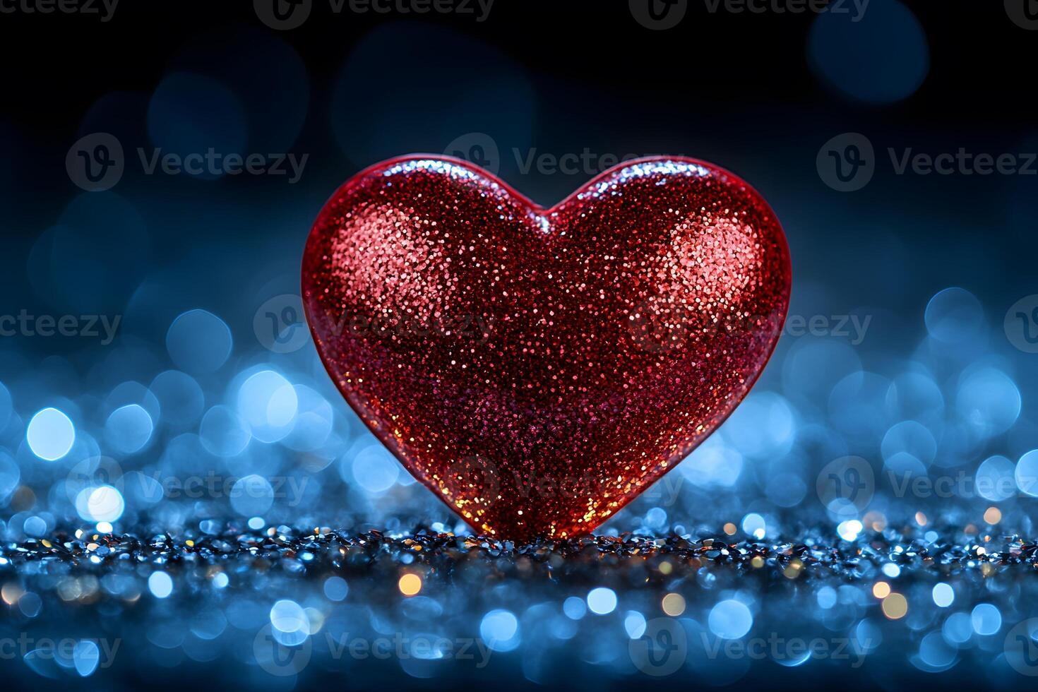 Sparkling Red Heart with Glitter Against Soft Blue Bokeh Background for Valentine's Day Design photo
