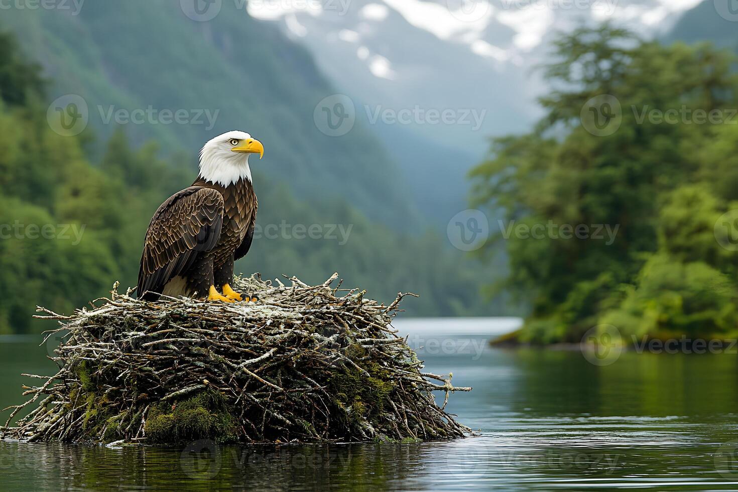 Majestic Bald Eagle Posed on Nest in Serene Mountain Lake Landscape for Wildlife Photography photo