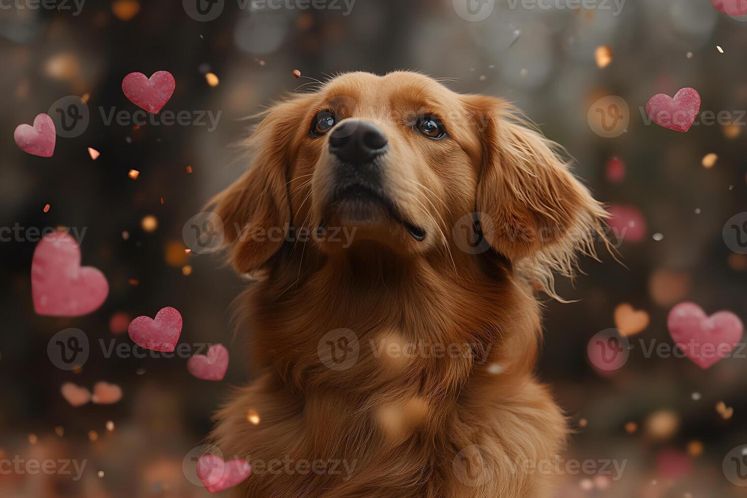 Golden Retriever Surrounded by Falling Hearts in Romantic Autumn Setting photo