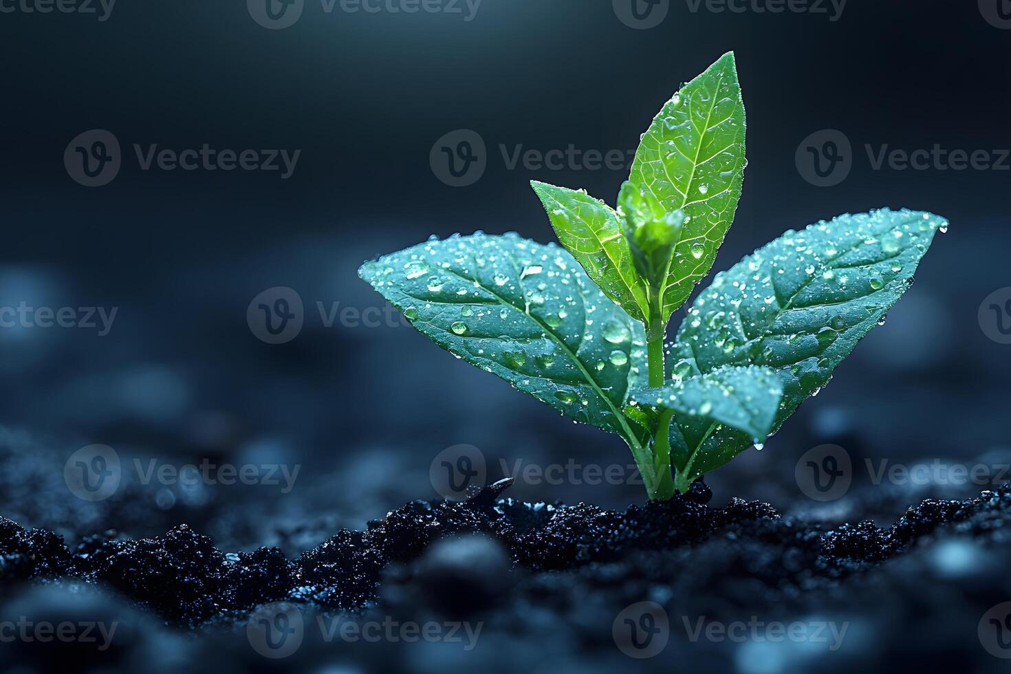 Fresh Green Seedling with Water Droplets on Dark Soil - Nature and Growth Concept photo