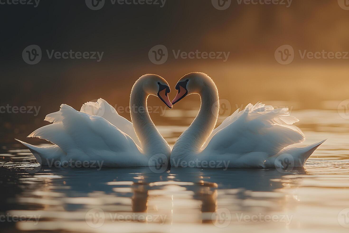 Romantic Swan Pair at Sunset on Serene Lake Nature's Elegance for Wall Art or Eco Design photo