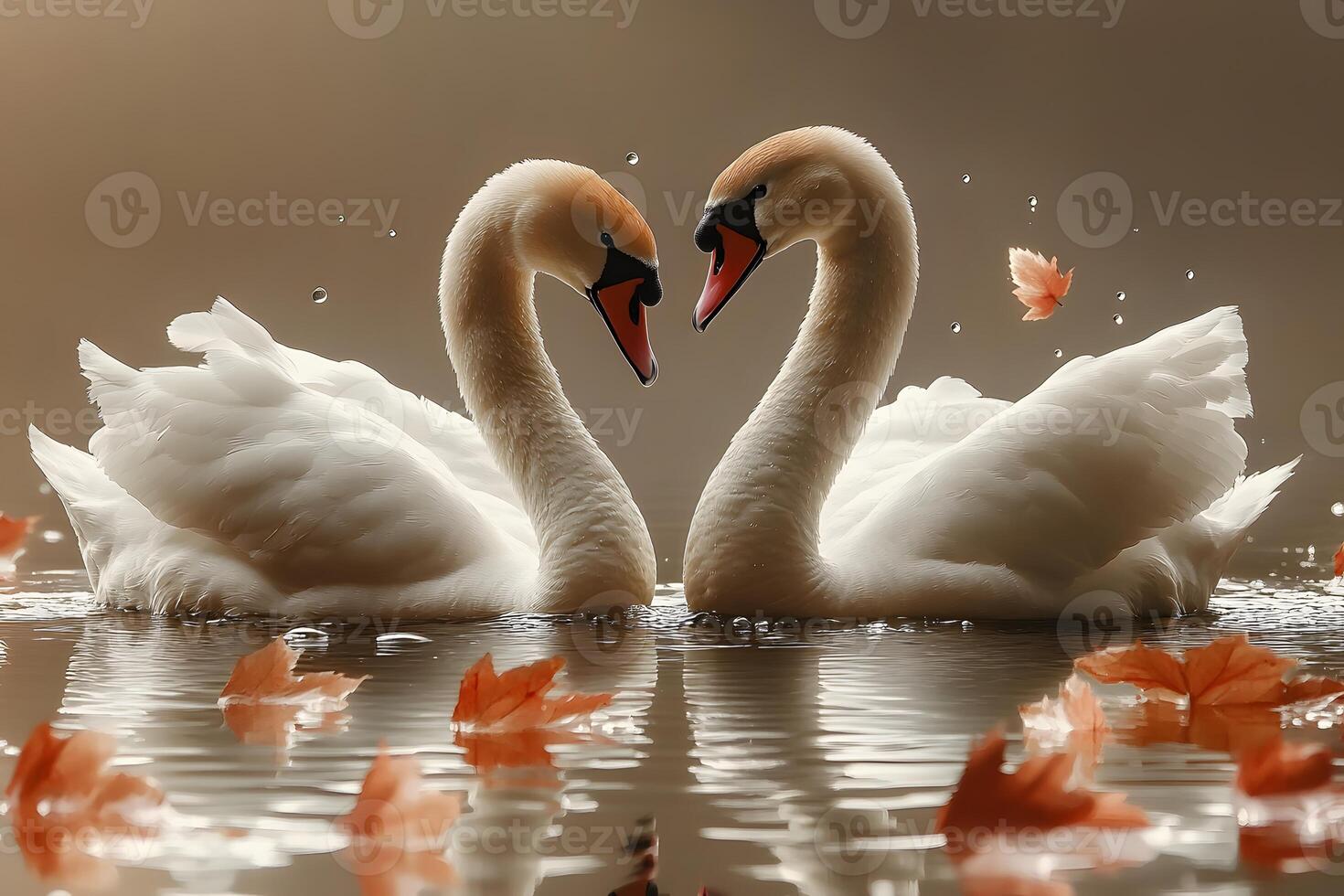 Romantic Swan Pair in Autumnal Lake with Falling Leaves for Nature-Themed Decor photo