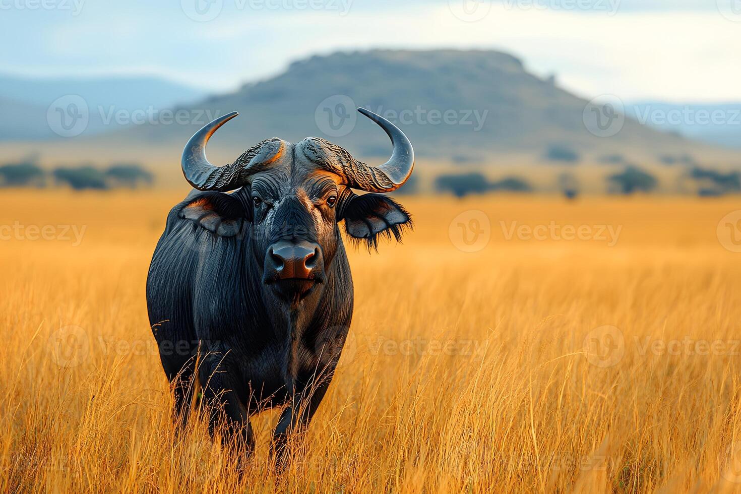 Majestic African Buffalo in Golden Savannah Landscape for Wildlife Conservation Posters photo