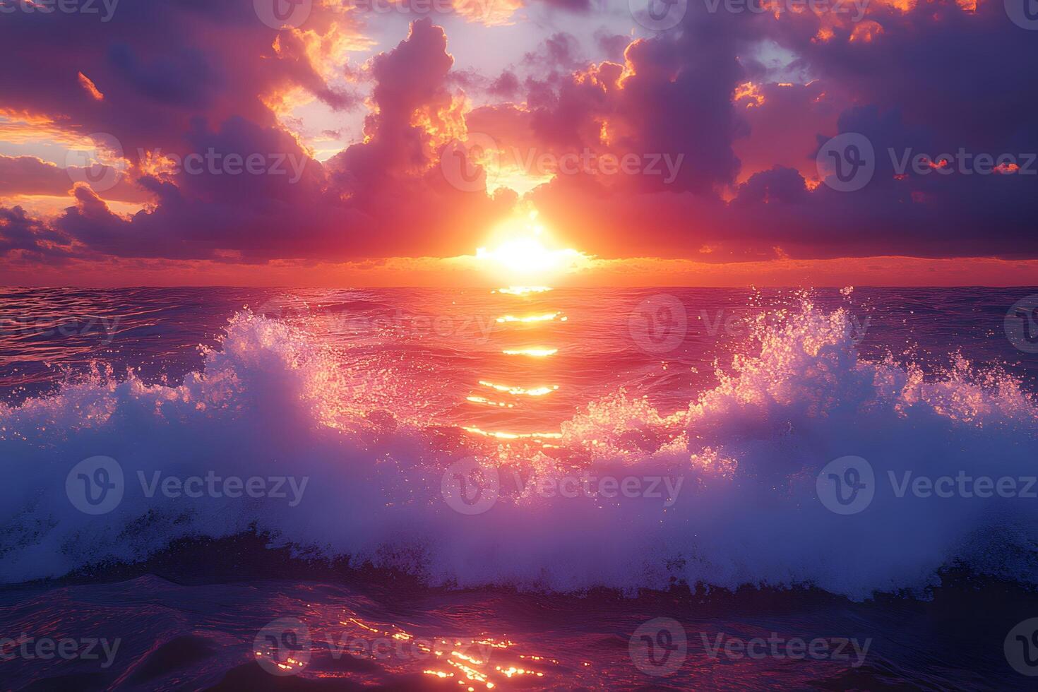 Dramatic Ocean Sunset with Vibrant Colors and Crashing Waves for Inspirational Design photo