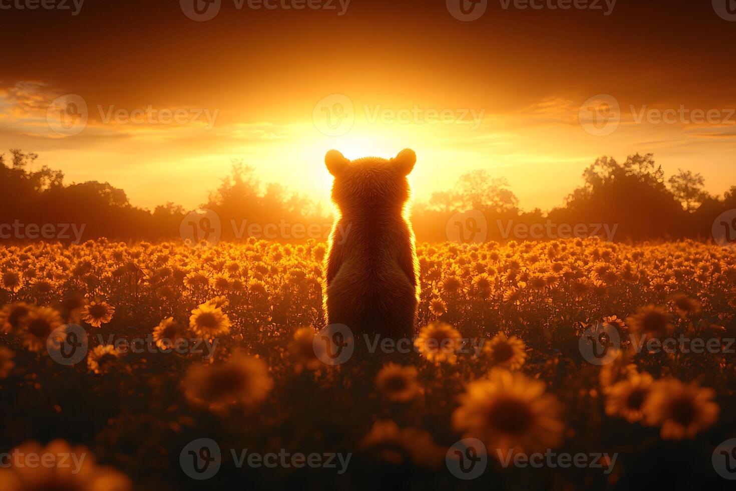 Sunset Serenity Bear in a Golden Sunflower Field - Nature's Tranquil Beauty photo