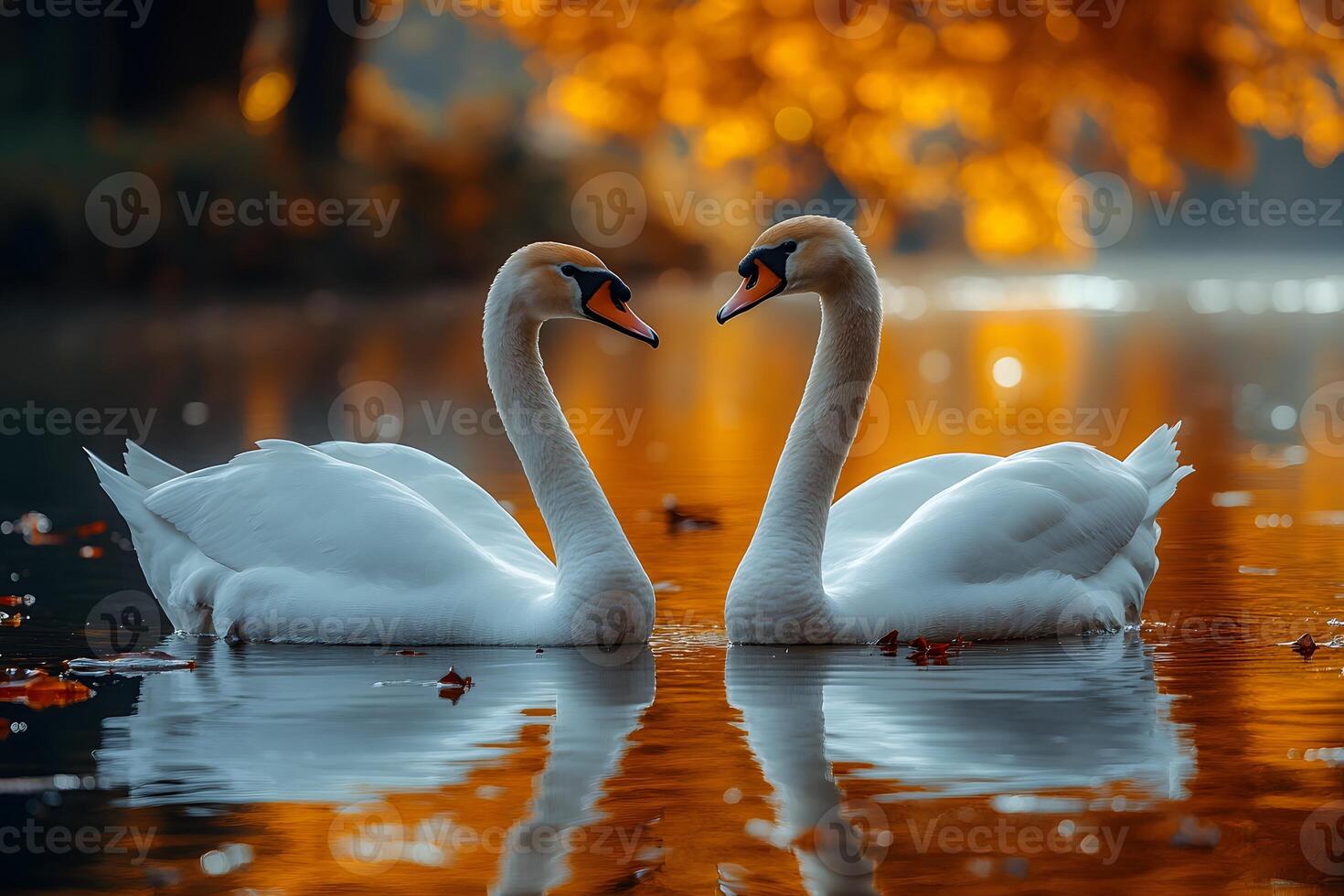 Romantic Swans on Autumn Lake - Serene Wildlife Photography for Posters and Cards photo