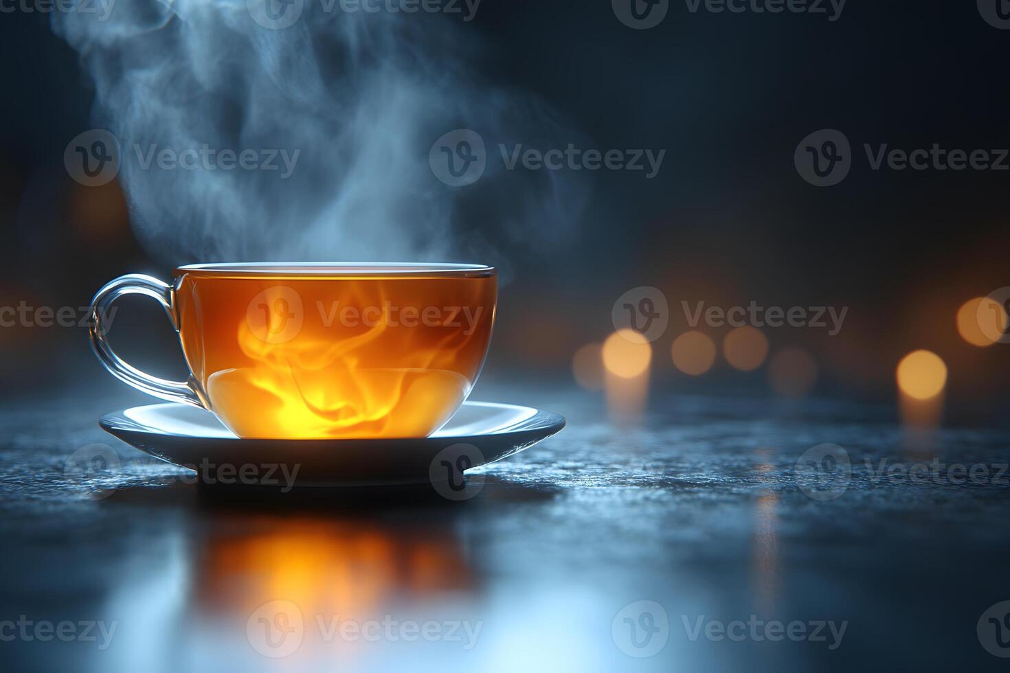 Steaming Cup of Tea in Dimly Lit Ambiance - Cozy Evening Relaxation Concept photo