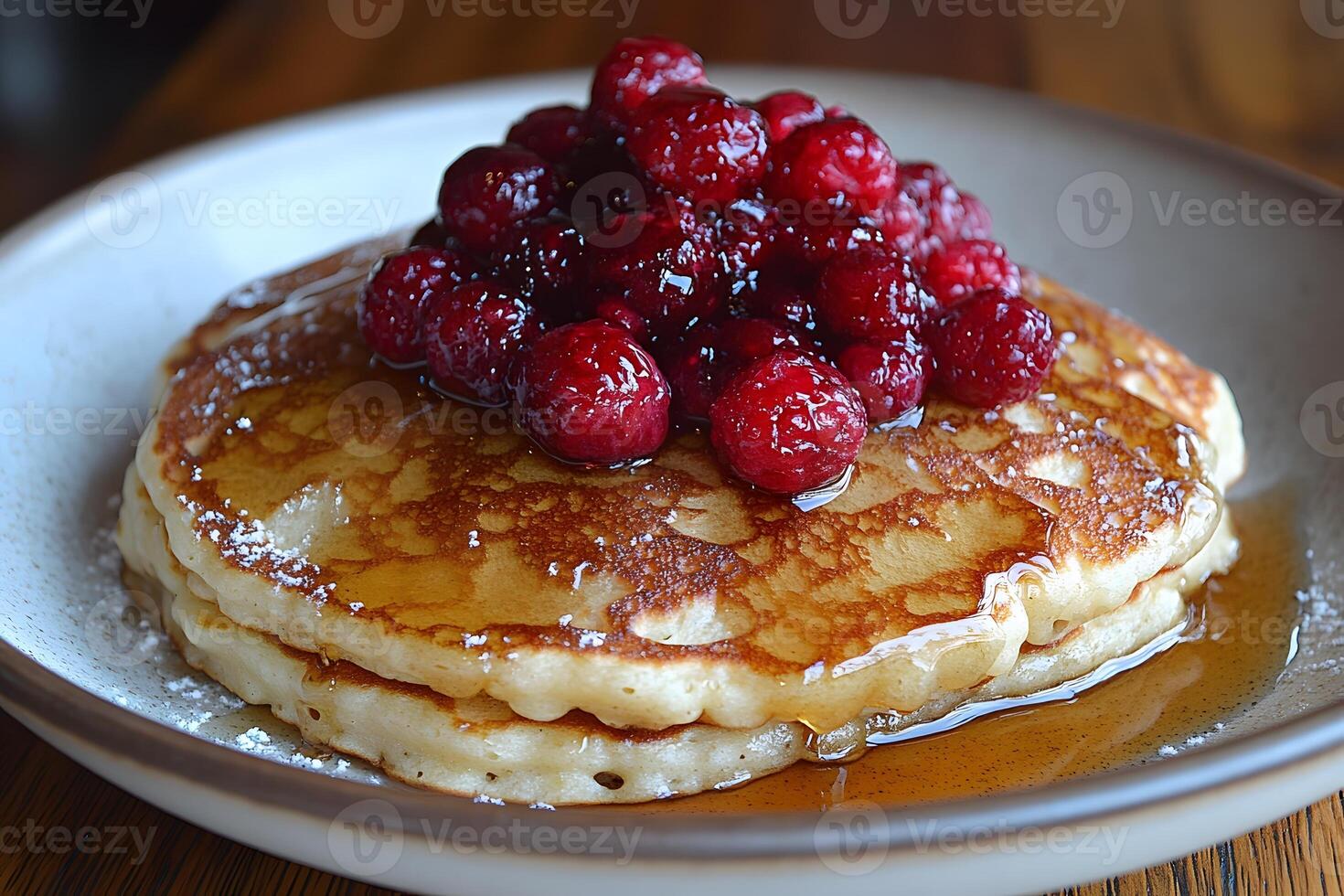 Delicious Pancakes Topped with Fresh Raspberries and Syrup for Breakfast Inspiration photo