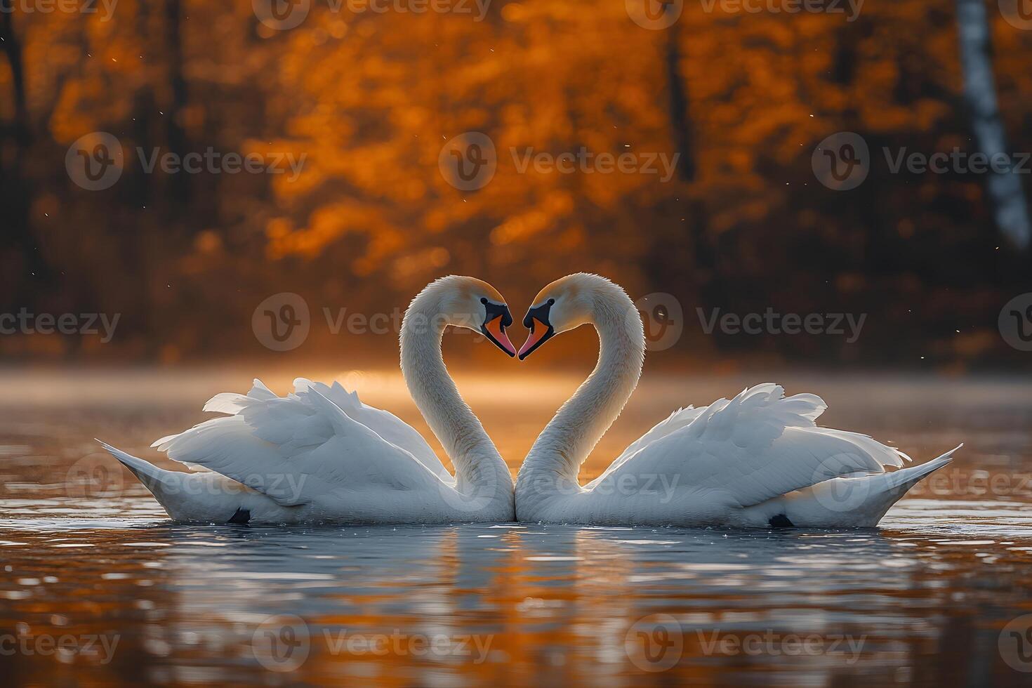 Romance in Nature Elegant Swans at Sunrise on a Tranquil Lake photo