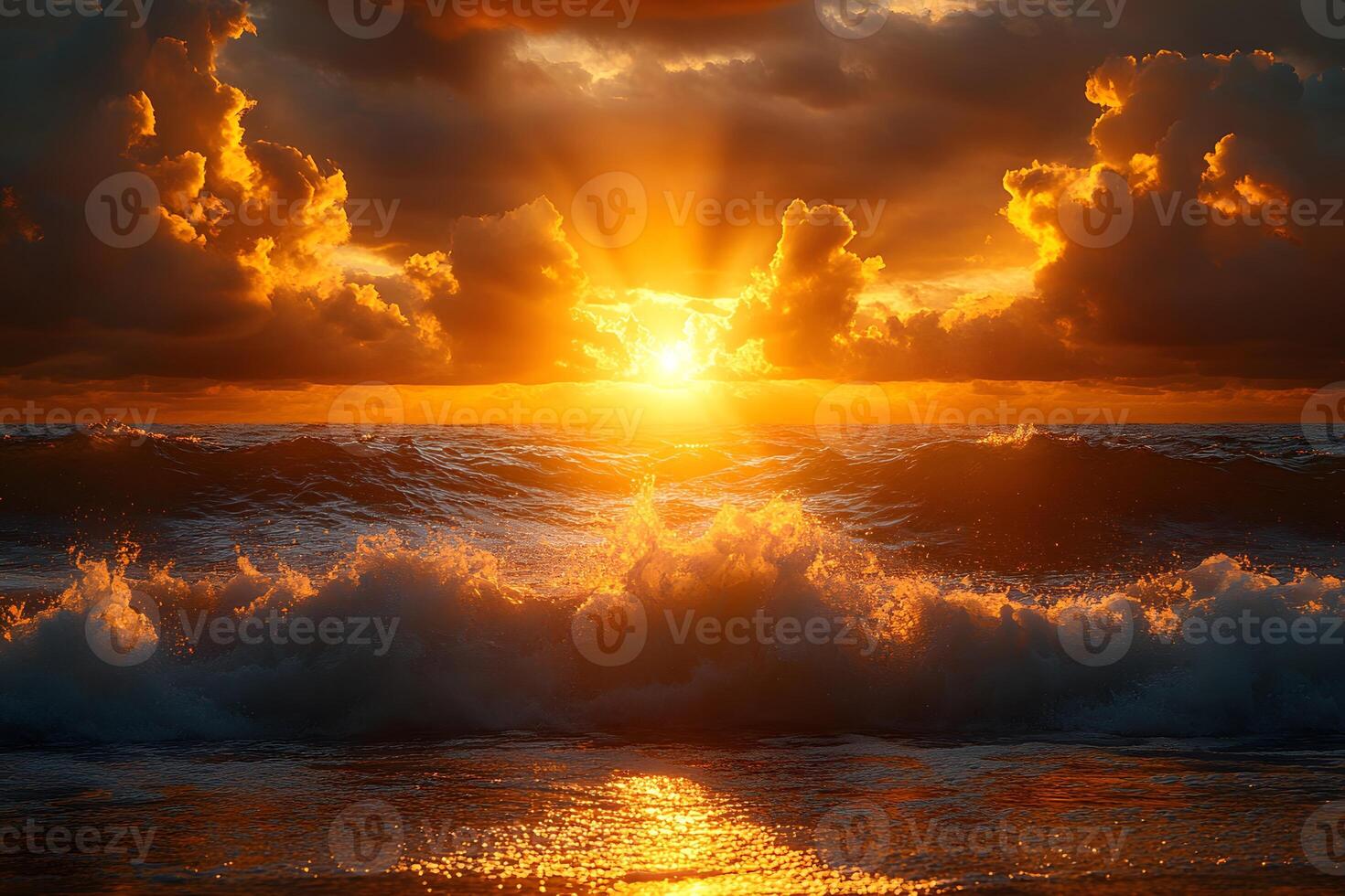 Dramatic Ocean Sunset with Vibrant Clouds and Crashing Waves for Inspirational and Scenic Art photo