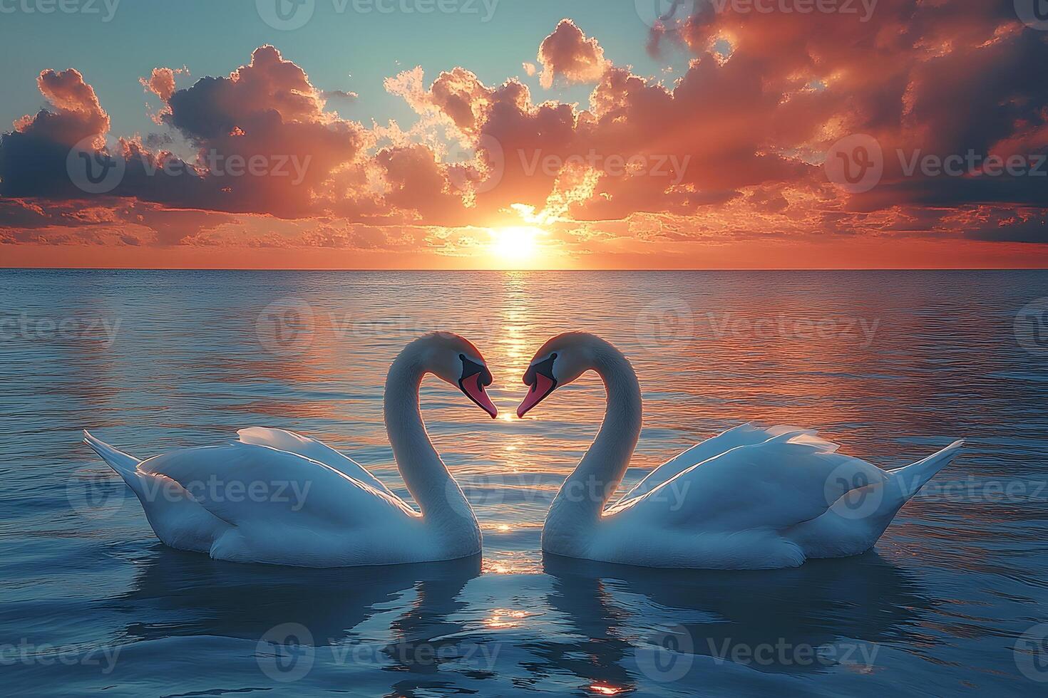 Romantic Sunrise Over Ocean with Swans Forming Heart on Water Surface photo